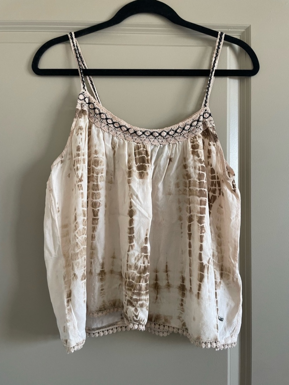 American Eagle Outfitters Beige Tie-Dye Embroidered Spaghetti Strap Flowy Top